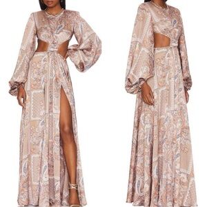 Bronx and Banco Tan Paisley Long Sleeve Dress